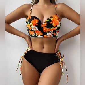 Floral Print Push Up High Waist Bikini Set